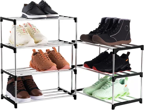 Vista 4 de Estante de zapatos pequeño apilable de 3 niveles, organizador de almacenamiento ligero para entrada, pasillo y armario (negro)