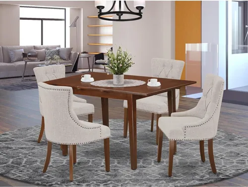 Vista 2 de HomeStock Juego de mesa de cocina de 5 piezas para 4 personas, incluye una mesa de comedor rectangular con hojas y 4 sillas Parson de tela de lino