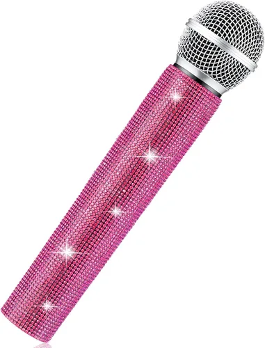 Vista 15 de Sanwuta Micrófono falso con diamantes de imitación brillantes, micrófono de juego de plástico con purpurina para disfraz de fiesta de cosplay