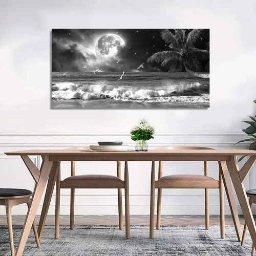 Vista 2 de Yxbhhym Arte de Pared Grande en Blanco y Negro de Playa Impresión en Lienzo Arte de Luna Océano Cuadros Pinturas del Mar Póster de Paisaje Marino