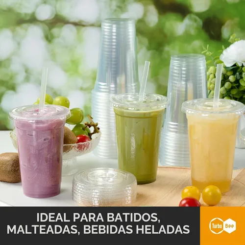 Vista 4 de Turbo Bee 200 juegos de vasos de plástico transparente de 12 onzas con tapas y pajitas, tazas de café helado desechables para llevar con tapas