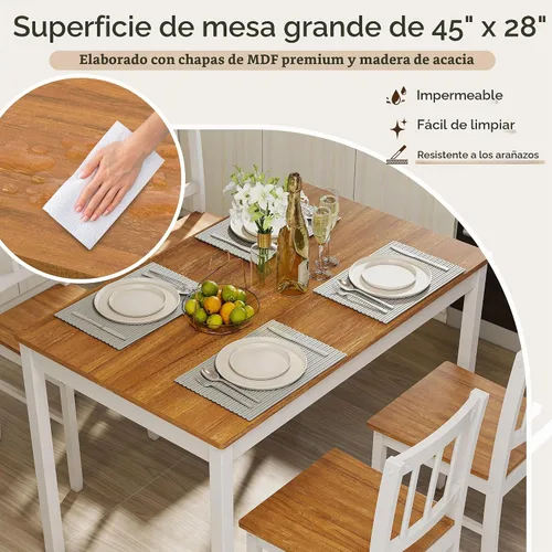 Vista 6 de Juego de mesa de comedor de 5 piezas para 4, juego de mesa de cocina rectangular de madera maciza con 4 sillas, juego de comedor de madera que