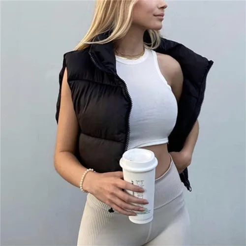 Vista 3 de KEOMUD - Chaleco corto acolchado de invierno para mujer, ligero, sin mangas, cálido, con relleno para exteriores