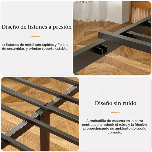 Vista 7 de VECELO Base de cama tamaño individual, plataforma de metal resistente con cabecera de madera, no necesita somier, color marrón antiguo