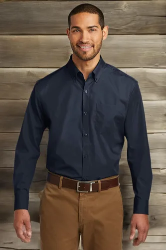 Vista 8 de Port Authority Camisa de popelina sin preocupaciones de manga larga Azul marino