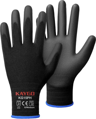 Vista 22 de KAYGO Guantes de trabajo con revestimiento de poliuretano 12 pares, KG15P, forro de nailon con revestimiento de poliuretano flexible, guantes