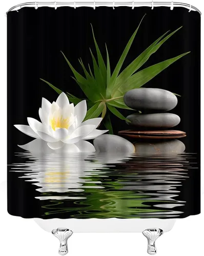 Vista 3 de Cortina de ducha de loto de spa con flores de loto blanco, piedras negras, lirio de agua, hojas de palma, verde, estilo japonés, relajante