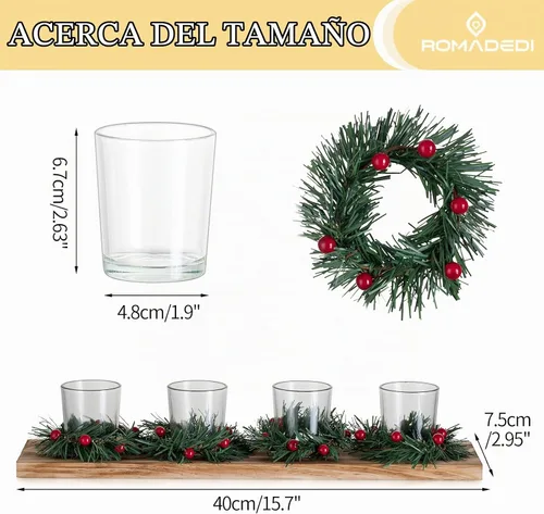 Vista 6 de Portavelas de Navidad para decoración de centro de mesa: Romadedi Rustic 4 portavelas con mini coronas de Navidad, bandeja de madera para Navidad