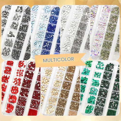 Vista 7 de 3520 diamantes de imitación de uñas color dorado champán para uñas, multiformas con parte trasera plana, diamantes de imitación redondos