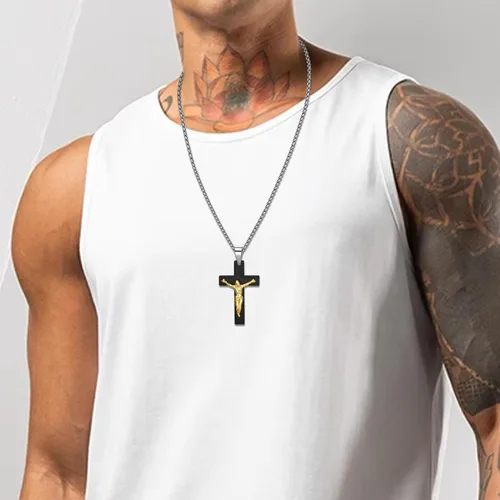 Vista 3 de Collar de cruz para hombre, colgante de crucifijo de acero inoxidable, cruz negra, crucifijo religioso, regalo para novio y marido, Acero