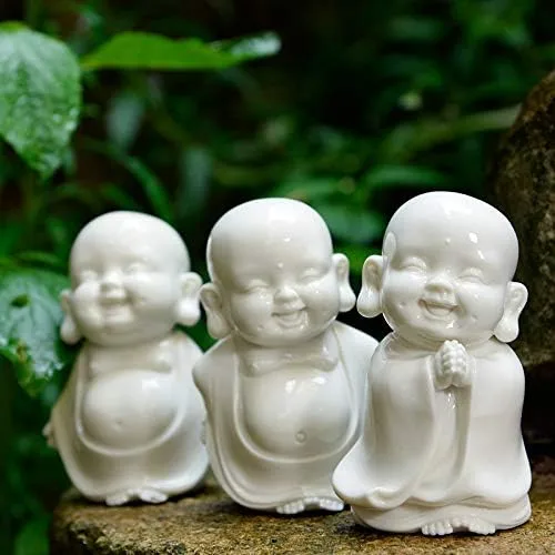 Vista 2 de Kingzhuo Juego de 3 estatuas de monje de Buda sonriente de cerámica, figuras de porcelana blanca, adornos de muñecas coleccionables felices, figuras