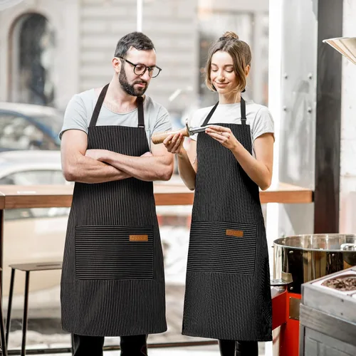 Vista 5 de Paquete de 2 delantales ajustables con peto, delantales de chef para cocina, restaurante, con 2 bolsillos, delantales para mujeres y hombres