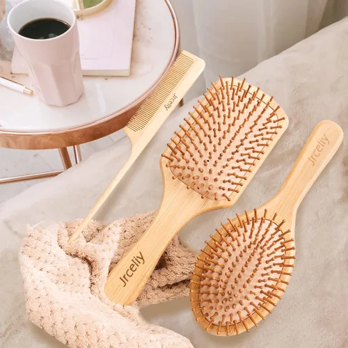 Vista 6 de Juego de 3 cepillos de pelo de bambú, cepillo de madera natural para mujeres, madam, cepillo desenredante de paleta para cabello seco, rizado