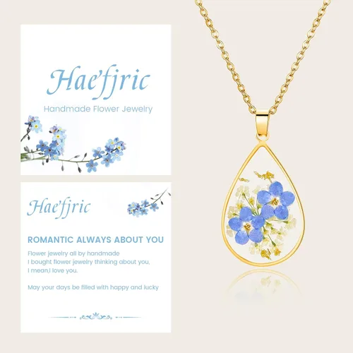 Vista 12 de Collar de flores silvestres prensadas con encaje de Forget-Me-Not y Queen Anne Collar de flores prensadas de oro Collares hechos a mano