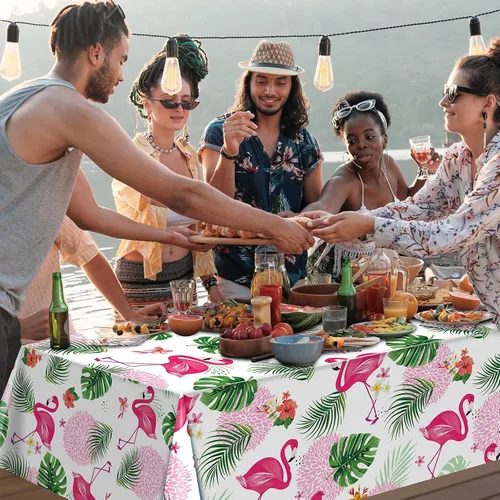 Vista 5 de Paquete de 3 manteles de verano con diseño de flamenco para fiestas, mantel de plástico tropical hawaiano, mantel desechable Luau para verano