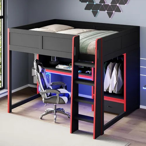 Vista 47 de Cama tipo loft en forma de L tamaño matrimonial e individual con 2 escritorios, tablero de clavijas y cajones de almacenamiento, marco de cama