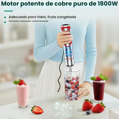 Vista 4 de Colarlemo Batidora de inmersión de mano 4 en 1 de 1800 W, batidora de mano para triturar hielo, alimentos para bebés, sopa, batidora de mano de 8