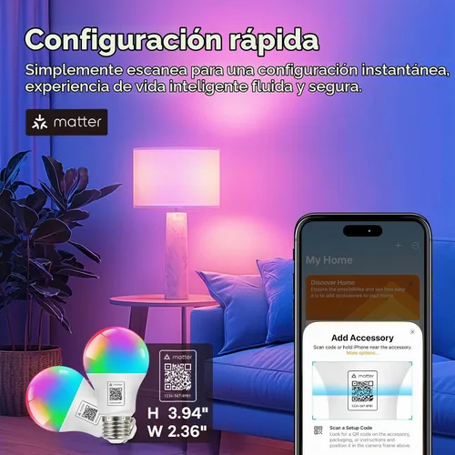 Vista 2 de OREiN Matter - Bombilla inteligente, bombillas A19 RGBTW que cambian de color, paquete de 2 Work with Alexa/Apple Home/Google