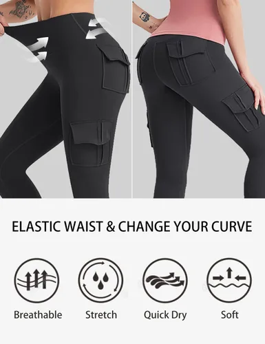Vista 3 de COMFY ONE Leggings cargo con bolsillos para mujer, cintura alta, yoga, entrenamiento, descanso, tallas XS-2XL
