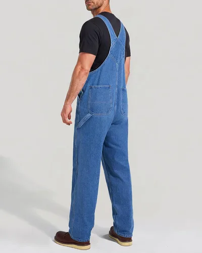 Vista 2 de HISEA Overol de mezclilla para hombre, overol de trabajo con correas ajustables y prácticos bolsillos para herramientas Azul lavado a la piedra