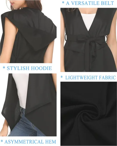 Vista 6 de Grabsa Cárdigan sin mangas para mujer, chalecos a la moda, elegante, asimétrico, con capucha, frente abierto, gabardina con cinturón