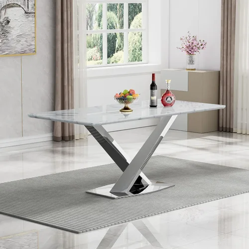 Vista 10 de Mesa de comedor de mármol blanco de 70 pulgadas para 4 a 6, moderna mesa de cocina rectangular de mármol sintético con base de doble columna