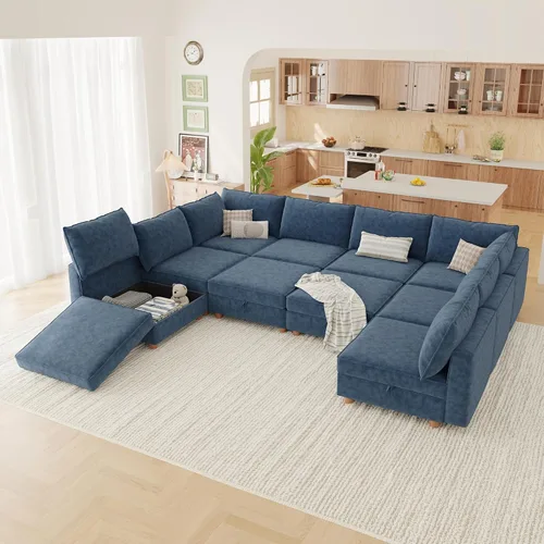 Vista 30 de 95.5" Sofá seccional modular de chenilla con almacenamiento oculto, sofá cama convertible en forma de L y U, sofá seccional moderno de 6 plazas