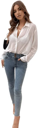Vista 5 de Verdusa Blusa de malla transparente con botones para mujer, manga larga, hombros caídos