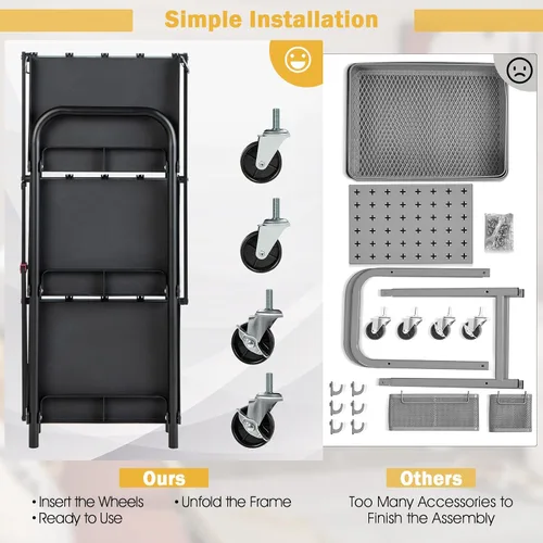 Vista 5 de Goplus Carrito plegable con ruedas, carrito de herramientas de 3 niveles con ruedas y compartimentos bloqueables, carrito de servicio de metal
