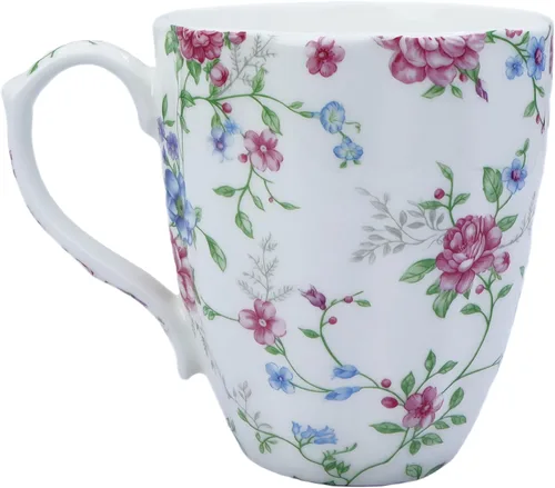 Vista 4 de Taza de café de porcelana de hueso de 14 onzas, taza de café con diseño floral, taza de té para mujeres, mamá, amiga (floral otoñal)