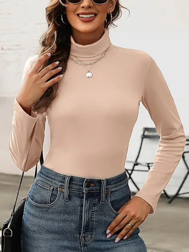 Vista 5 de KYLELOVE Camisetas térmicas de manga larga con cuello alto para mujer, básicas, ajustadas, para otoño e invierno Beige