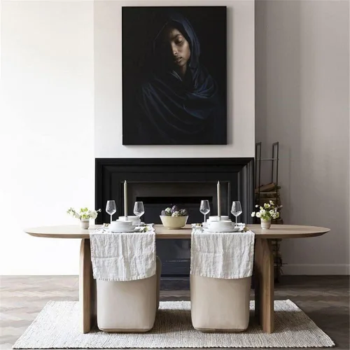 Vista 10 de Moderna mesa ovalada sólida con doble pedestal, madera natural, muebles de estilo Wabi-sabi para comedor, cocina, ocio, mesa de centro, color Marrón