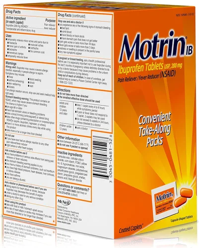 Vista 16 de Motrin IB, tabletas de ibuprofeno de 200 mg, alivio del dolor y la fiebre de AINE para dolor de cabeza, dolor de espalda, dolores musculares, alivio