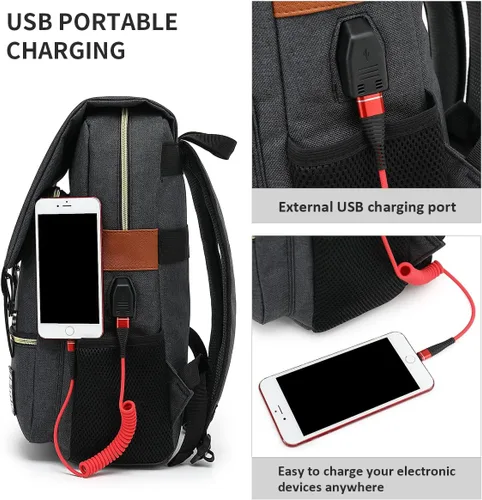 Vista 3 de Mancio Mochila vintage delgada para laptop para mujeres y hombres, bolsa universitaria de negocios resistente a desgarros con puerto de carga USB