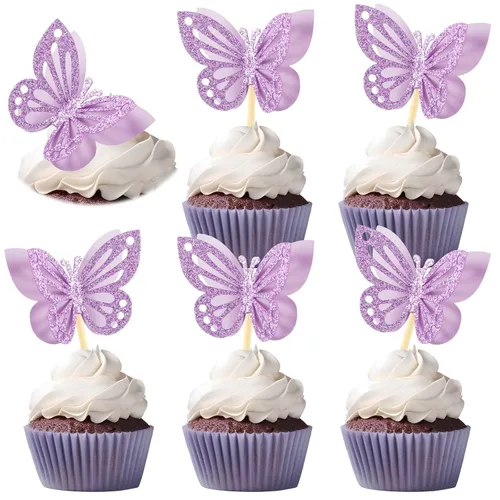 Vista 8 de Chinco 48 piezas de decoración de pastel de mariposa, decoración de cupcakes de doble capa ensamblada, decoración de pastel de 3D con purpurina
