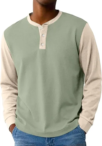 Vista 17 de Camisas de manga larga Henley con bloques de color para hombre, estilo casual, con botones, clásica, suave, transpirable