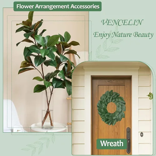 Vista 4 de 20 hojas artificiales de magnolia verde para decorar guirnalda de flores, tallo de hojas de magnolia artificial