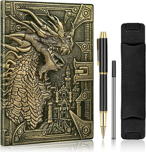 Vista 9 de DND - Cuaderno de Dungeon and Dragon de cuero en relieve 3D, diario de dragón con bolígrafo negro y funda para bolígrafo, diario de viaje vintage