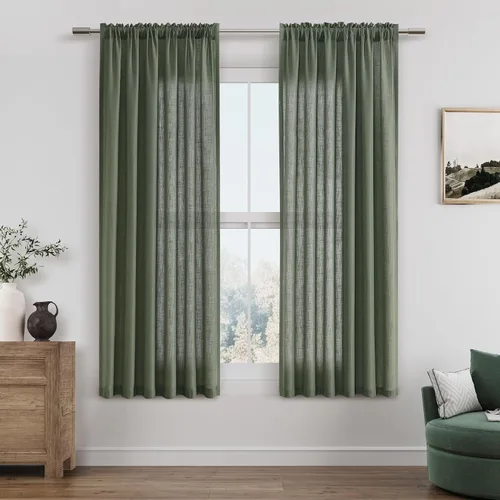 Vista 127 de Cortinas de lino verde aguamarina de 84 pulgadas de largo, juego de 2 paneles semitransparentes con bolsillo para barra para comedor, decoración
