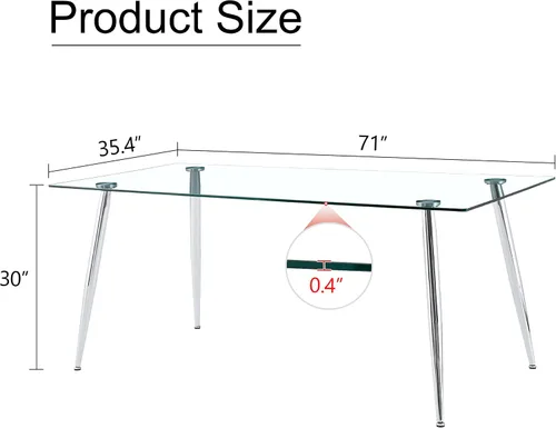 Vista 2 de A 71"x35.4" Heat Resistant Clear Tempered Glass Dining Table with Silver Metal Legs