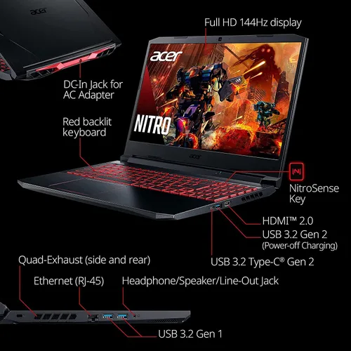 Vista 5 de Acer Nitro 5 2021 NVIDIA GeForce GTX 3050 Intel Core i5-10300H Pantalla IPS Full HD de 15.6 pulgadas de 144 Hz Killer Ethernet E2600 WiFi