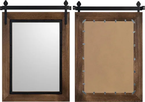 Vista 3 de Espejo de Puerta de Granero Estilo Granja, 32"x24" Espejo de Baño Rústico, Espejo de Pared con Marco de Madera, Espejo de Madera para Sala de Estar