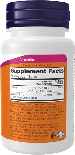 Vista 3 de NOW Foods Pestañas de ácido fólico de 800 mcg (paquete de 2)