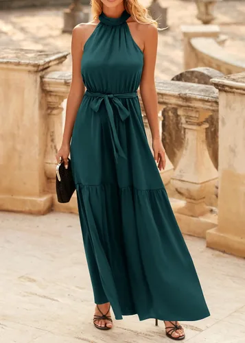 Vista 4 de KIRUNDO Vestido de satén sin mangas para mujer, de cintura alta, elegante, para boda, fiesta, cóctel, formal, vestido de graduación