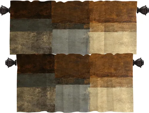 Vista 72 de Shrahala Beige and Orange Abstract Art Brushstrokes Blackout Curtain Tiers, Abstract Oil Paint Kitchen Valance Light Blocking Tier Drapes with Rod