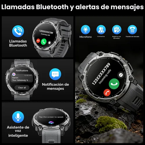 Vista 5 de Reloj inteligente militar para hombre con GPS, llamada Bluetooth AMOLED de 1.43 pulgadas, linterna LED, reloj táctico resistente para Android iOS