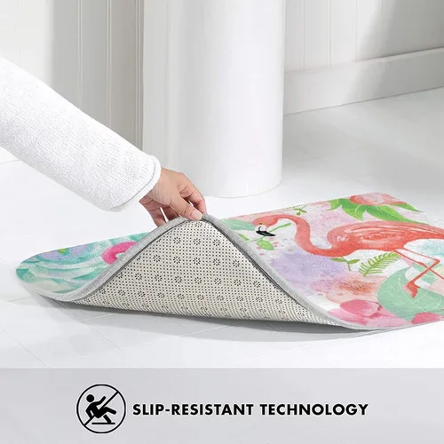 Vista 4 de Alfombra de baño tropical de flamenco para baño, tapetes de felpa pequeños, suaves, lavables, antideslizantes, absorbentes, alfombras de ducha