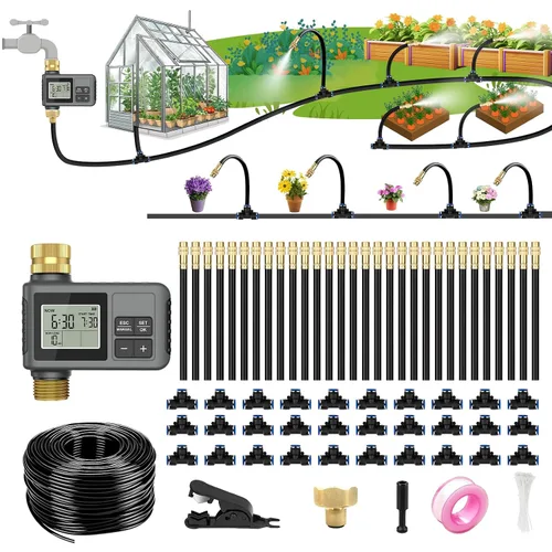 Vista 9 de Sistema de riego por goteo de 60 pies con temporizador de agua - Kit de riego automático de jardín con manguera flexible de 360° y boquillas
