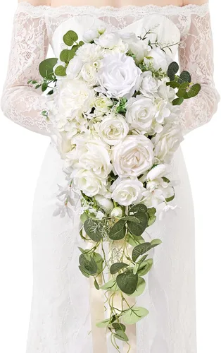 Vista 23 de Serwalin Ramos de boda de 9.8 pulgadas para novia y dama de honor, peonías rosa empolvado, ramos de flores de novia para boda, ramo de lanzamiento