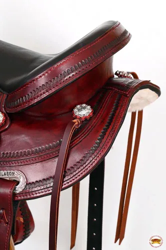 Vista 7 de HILASON Western Saddle Antique Mahogany Flex Tree Trail Pleasure Hand tooled genuine American cowhide, flex tree, black leather seat, 26 inch skirt